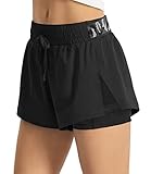 Persit Sporthose Damen Kurz, 2 in 1 Sport-Shorts Sommer Laufshorts Trainingsshorts Kurze Laufhose Jogginghose Schwarz M