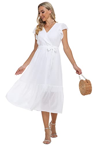 Image of VintageClothing Womens Sundress Casual Floral Summer Boho Dress | Flowy Wrap V Neck Ruffle A-Line Pleated Hem Midi Dresses