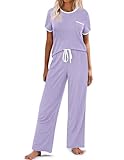 Picture of Ekouaer Women Lounge Pajamas Sets Ribbed Knit PJ Short Sleeve and Long Pajama Pant Soft 2 Piece Sleepwear Loungwear Set Lilac