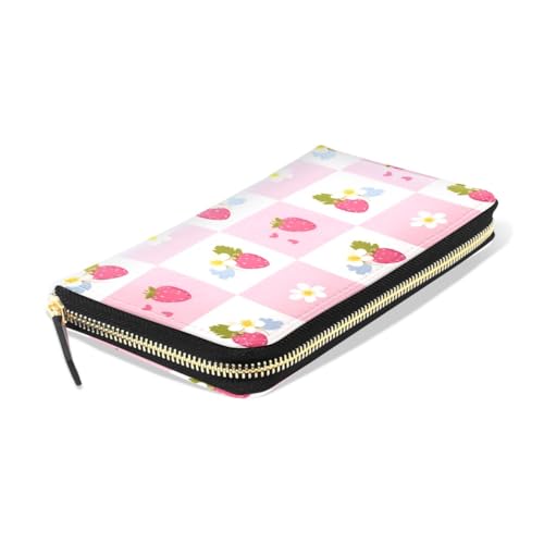 Long Wallets Leather Bifold Wallet for Women Strawberry Plaid with Zipper Credit Card Holder Large Capacity3
