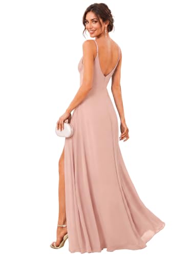 Image of Ever-Pretty Women's Summer Backless Spaghetti Straps Bridesmaid Dresses Chiffon V-Neck Slit Long Formal Wedding Guest Dress