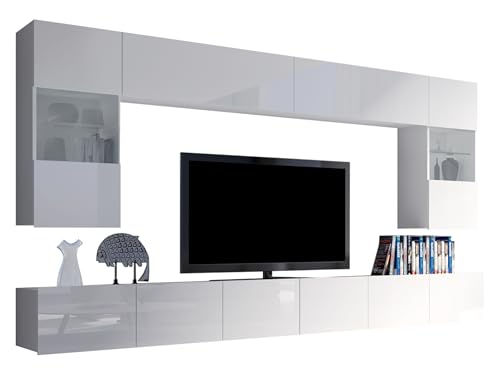Moderne Wohnwand Calabrini I, Anbauwand, Mediawand, Hängevitrine, TV Lowboard, Wandregal, Wohnzimmerschrank, Fernsehschrank (ohne Beleuchtung, Weiß/Weiß Hochglanz)
