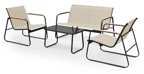 KEPLIN Mesh 4 Piece Garden Furniture Set, Modern Outdoor Patio Set with Easy Assembly, Comfortable & Durable Outdoor Furniture, Ideal Conversation Set for Gardens, Balconies, Poolside, Black