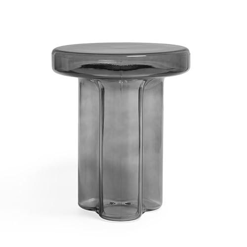 Image of Storm Glass Side Table for Living Room, Round End Table with Tempered Glass Top (Grey, 14.96)