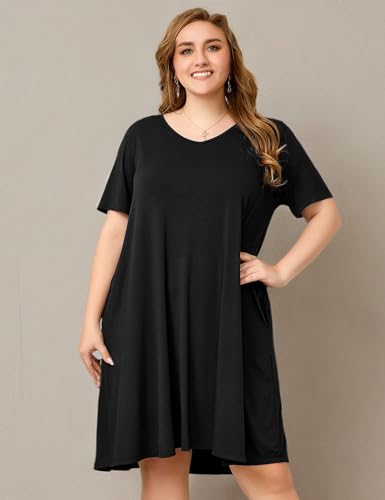 Image of OVERWORETY Womens Short Sleeve Plus Size T-Shirt Dress V Neck Casual Loose Swing A-Line Summer Tunic Dresses with Pockets