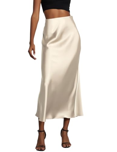 ORANDESIGNE Women's Satin Skirts Long Waist High Waist Elastic A-Line Midi Skirt Summer Elegant Satin Skirt for Summer Wedding Guest Cocktail Work, Apricot, M ORANDESIGNE Women's Satin Skirts Long Waist High Waist Elastic A-Line Midi Skirt Summer Elegant Satin Skirt for Summer Wedding Guest Cocktail Work, Apricot, M