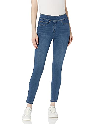 SLIM-SATION Women's Wide Elastic Pull On Solid Denim Crop Jegging with Faux Front Pockets, Medium Indigo, X-Large