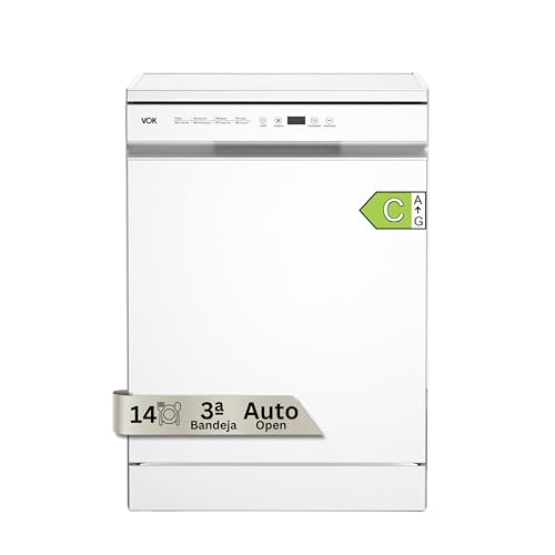 VOK Lavavajillas 60 cm Instalación Incluida 14 Cubiertos – Clase C, 3ª Bandeja, 8 Programas, 47 dB Silencioso, Apertura Automática, Media Carga, Cesta Ajustable, Blanco