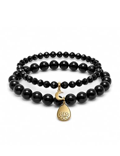 happymaker - Turmalin Armband Set Damen handgefertigt in Deutschland Edelstein Perlen mit Anhänger Lotus und Mond aus Edelstahl elastische Armbänder in zwei Größen