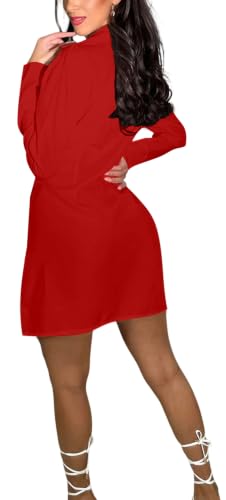Image of Shirt Dress for Women Sexy Button Down Date Night Dresses Ruched Slit Stand Collar Long Sleeve Blouses