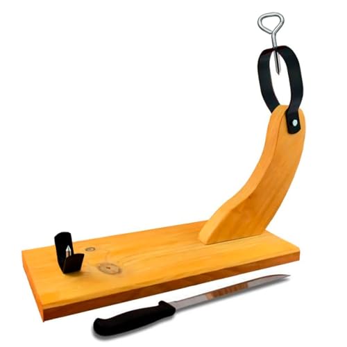 Acan Tradineur - Jamonero de Madera Modelo Curvado c/Cuchillo - Soporte para Pata y Paleta de jamón Serrano e ibérico - Agarres metálicos - Fácil Montaje - 38 x 40 x 16,5 cm