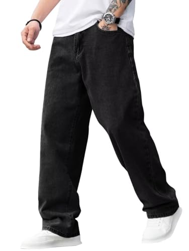 ALLABREVE Mens Baggy Hip Hop Jeans Y2k Wide Leg Denim Pants Relaxed Fit Skater Trousers Streetwear Black