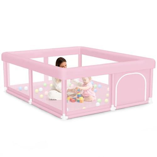 Image of Hiaksedt Large Baby Playpen 50"x50" Baby Girl Play Pen for Babies and Toddlers, Safe Structure and Soft, Skin-Friendly Fabric with Zipper Gates Pink