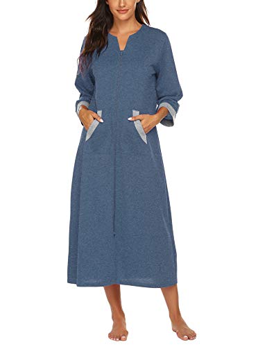 Image of Ekouaer Women Zipper Robe 3 /4 Sleeves Loungewear Dress Full Length Sleepwear Pockets Housecoat Nightgown Long Bathrobe