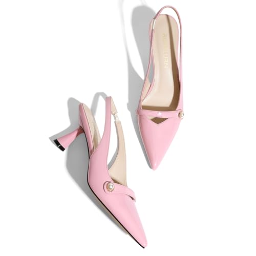 Image of Women Kitten Heels Slingback Low Heel Pumps Dress Shoes for Women Closed Pointed Toe Pearl Heels for Work Wedding Bridal