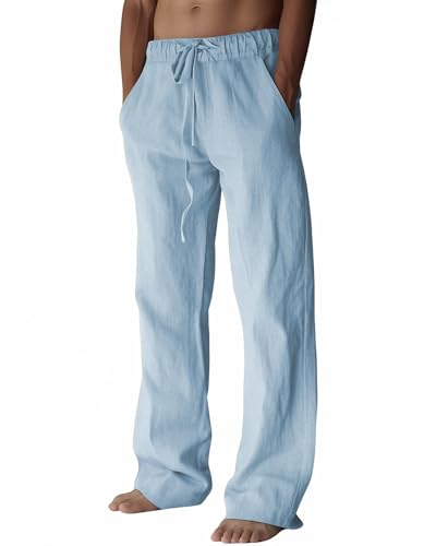 PIDOGYM Mens Cotton Linen Pants, Summer Beach Pants Casual Loose Fit with Elastic Waist Drawstring Light Blue