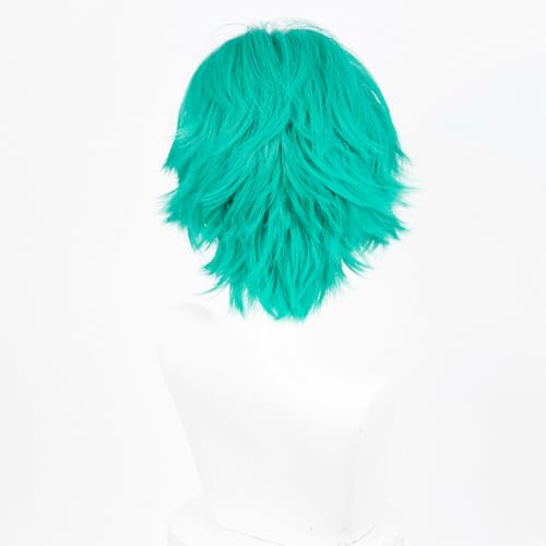 Image of LABEAUTE Short Turquoise Anime Cosplay Wig Male Men Anime Layered Unisex Heat Resistant Hair Wig with Bangs for Party and Halloween for Gift + Free Cap