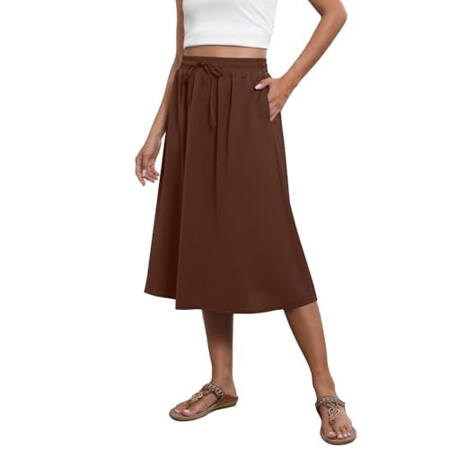 HGps8w Casual A-Line Midi Skirt for Women 2025 Loose Elastic High Waisted Swing Boho Skirts with Pockets