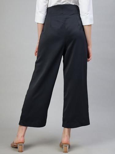 Image of FITHUB Women's High-Rise Cotton Blend Solid Pattern Stretchable Parallel Trouser /Regular Casual Wear Trousers /Straight Fit Solid Flat-Front Trousers