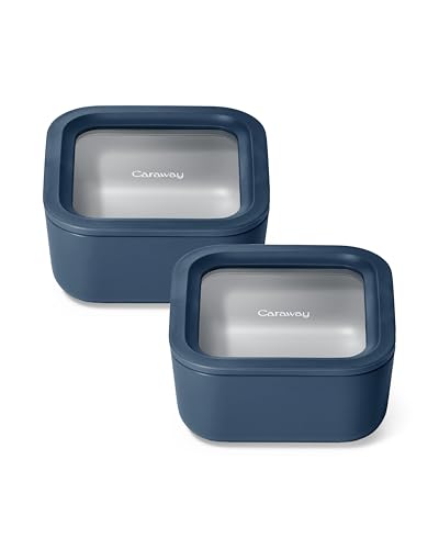 Caraway Modern Navy 4.4 Cup Glass Food Storage - Ceramic Coated Non Toxic Lunch Box Container Duo with Glass Lids - Dishwasher, Oven, & Microwave Safe