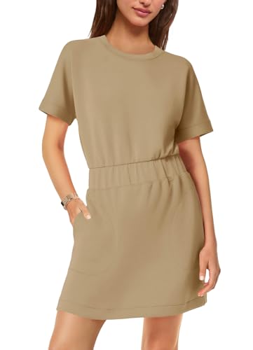 Image of SENSERISE Womens Short Sleeve T Shirt Dresses Crew Neck Solid Color Basic Smocked Waist Dress with Pockets