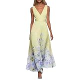 Maxikleid Damen Lang A Linie Abendkleid Elegant Cocktailkleid Hochzeit Chiffonkleid V Ausschnitt Lange Blumenkleid Festlich Ballkleider Ärmellos Blumen Plissee Kleider