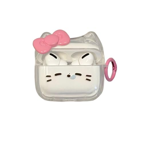 Transparent Clear Earphone Case for AirPods Pro, Cute Lovely Cat Face Soft TPU Silicone Case, Kitty AirPods Pro 2 Cover Protective Skin Shockproof Protector for iPod Earbuds -Sleeping Bowknot Cat