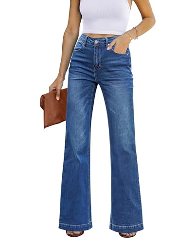 Luvamia Women's High Waisted Plus Size Trousers - Wide Leg Jeans in Lapis Longing Blue - XXL (Size 24/26) - Work Clothes for Women