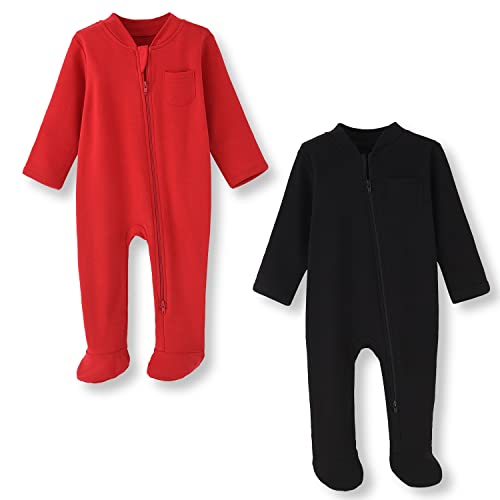 BINIDUCKLING Lot de 2 grenouillères à double fermeture éclair pour bébé garçon et fille – Fermeture éclair bidirectionnelle, pyjama avec pieds et poignets moufles – Combinaison en coton à manches