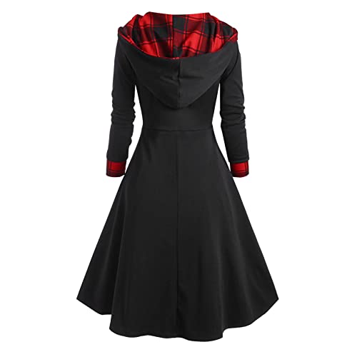 Image of Womens Vintage Gothic Steampunk Dress Casual Plaid Patchwork Button Hooded Dress Retro Rockabilly Punk Hippie Dresses