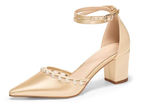 Coutgo Womens Pearl Chunky Heels Wedding Shoes for Bride Closed Pointed Toe Ankle Strap Satin Pumps, Champagne Gold, Size 6
