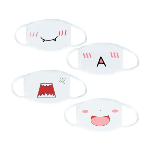 Paquete de 4 mascarillas faciales con personajes de dibujos animados lindos, diseño creativo, mascarillas de algodón reutilizables a prueba de polvo, elegantes, lindas y lindas, blancas.