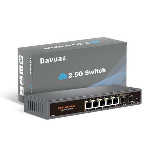 Davuaz 2.5G Unmanaged Ethernet Switch, 5 x 2.5G Base-T Ports, 2 x 10G SFP+ Uplink Ports, 100/1000/2500Mbps Compatible, Fanless Plug & Play, Metal 2.5Gb Network Switch