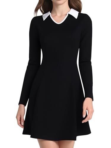 YIOYOLA Long Sleeve Dresses for Women 2025 Fall Casual Work Halloween Black Funeral Vintage A line Skater Ghost Wednesday Addams Dress(YYL631-Black M)