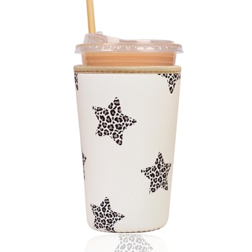 Image of Reusable Insulated Sleeve for Iced Coffee Cup, Coffee Neoprene Sleeve for Cold & Hot Drinks, Beverage Holder for Iced Coffee (Leopard Stars, Large: 32oz)