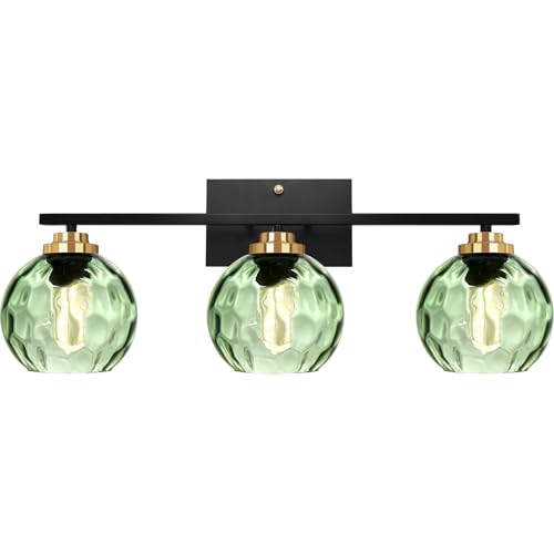 Image of Glass Bathroom Vanity Light Matte Black Mid Century Wall Light Fixtures 3-Light 23.6 Inch Green Globe Shade Indoor Green Glass Wall Sconce for Bedroom Hallway Bedside