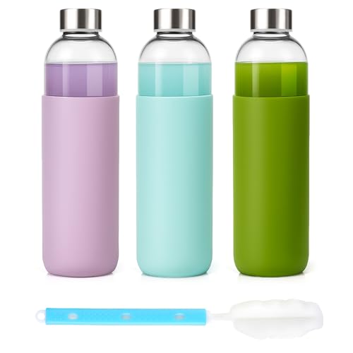 Image of Luxfuel 32 oz Glass Water Bottles with Lids and Silicone Sleeve 3 Pack | Leak Proof Stainless Steel Lids, BPA Free, Reusable Glass Bottles for Juicing, Smoothies & Refrigerator, Dishwasher Safe