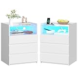 AOGLLATI Bedside Table with Charging Station,Bedside Cabinet with LED Lights |Visible Glass Top |3 Drawers and 1 Compartment |2 AC and 2 USB Ports Side Table for Living Room and Bedroom (2, White)