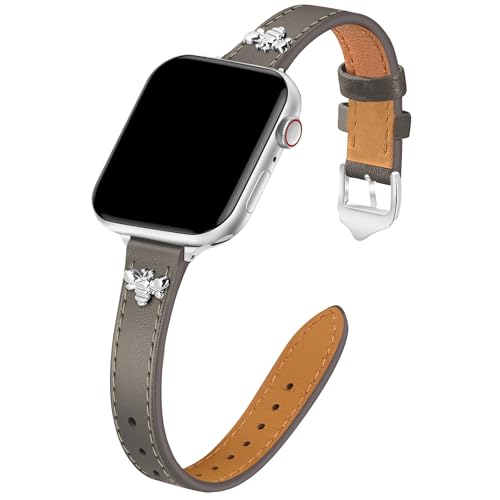 Image of JR.DM Slim Leather Bands Compatible with Apple Watch Band 38mm 40mm 41mm 42mm 44mm 45mm 46mm 49mm, Genuine Leather Band with Charms, Feminine Design for Iwatch Ultra SE Series 11 10 9 8 7 6 5 4 3 2 1