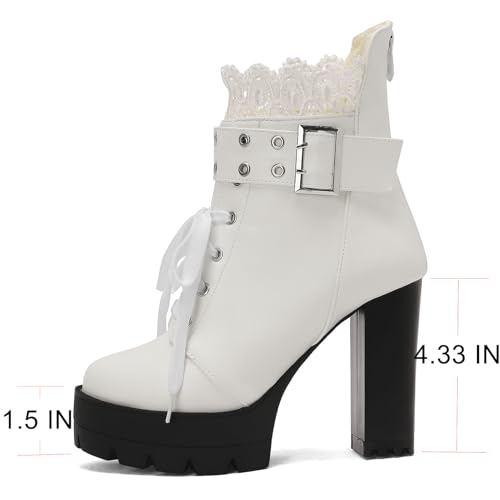 Image of MEOTINA Goth Platform Boots Combat Boots Chunky Heel Ankle Booties for Women Punk Buckle Gothic Boot with Zipper Lace Up Dress Shoes Black /White