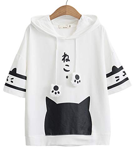 Women Girl Hoodie T-Shirt Japanese Cartoon Cat Harajuku Short Sleeve Tops Tees White #TOP9