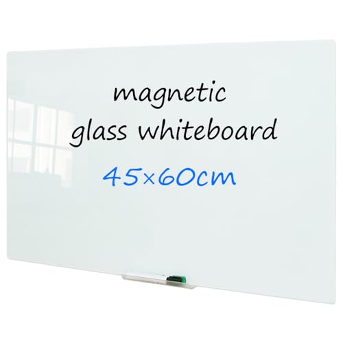DEVELOP Glass Whiteboard 45x60 cm - Wall Mounted Frameless Dry Erase White Board 60 x 45 (24x18 Inch) with 4 Markers, 1 Magnetic Eraser & 1 Pen Tray for Office, Home, Classroom