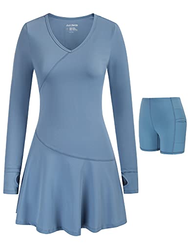 Athletic Dress for Women Long Sleeve Pleated Tennis Dress with Built-in-Shorts Training Running Dresses Blue M