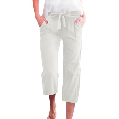 Linen Capri Pants for Women Cotton Casual Summer Drawstring High ...