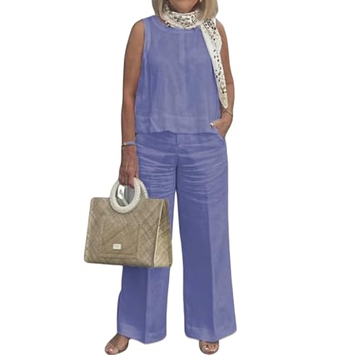 Two Piece Sets for Women Summer Sleeveless Tank Top and Wide Leg Lounge Sets Linen Matching Set with Pockets
