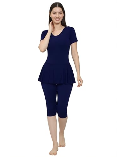 Image of Women Knee Length Removable Chest Pads One Piece Frock Style Swimming Costume