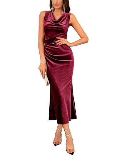 GRACE KARIN Abendkleid Damen Elegant Für Hochzeit Ärmellos Cocktailkleider Aus Samt Rotwein Größe 46