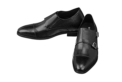CALTO Men's Invisible Height Increasing Elevator Shoes - Black Leather Slip-on Dual Monk Straps Formal Loafers- 2.8 Inches Taller - K3114 - Size 10 D(M) US4