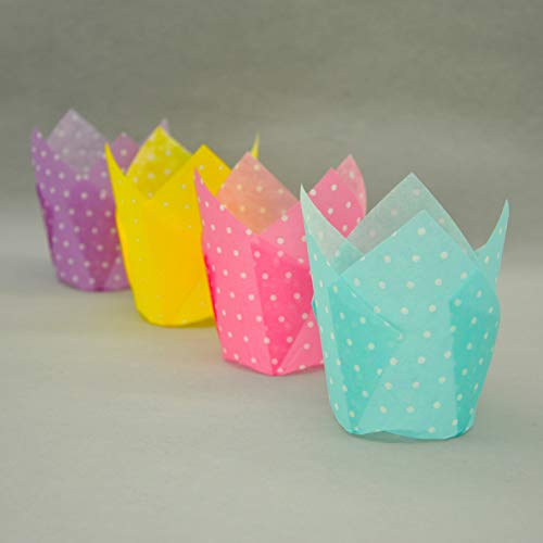 Qlsmypkg Large Muffin Greaseproof Paper Baking Cupcake Cups, 2-1/4" X 4" Blue,Yellow,Pink,Purple Printed With Polka Dot(Each Colour About 32 Pcs, Total 125 Pcs) Tulip Baking Cup(Large) (125, Multi) #TOP6