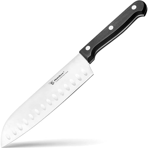 Humbee 7-Inch Chef Knife Santoku – Full Tang Razor-Sharp High Carbon Stainless Steel Blade – Hollow Grind Edge – Ergonomic Grip Handle – Professional Kitchen Knife, Black